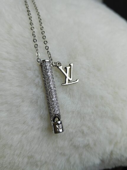 Chic Silver-Plated Pave Zirconia Cylinder Necklace with “V” Initial Charm | Modern Designer Style Jewelry