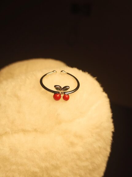 Cute Cherry Bow Adjustable Ring – Dainty Silver-Tone Fruit Jewelry