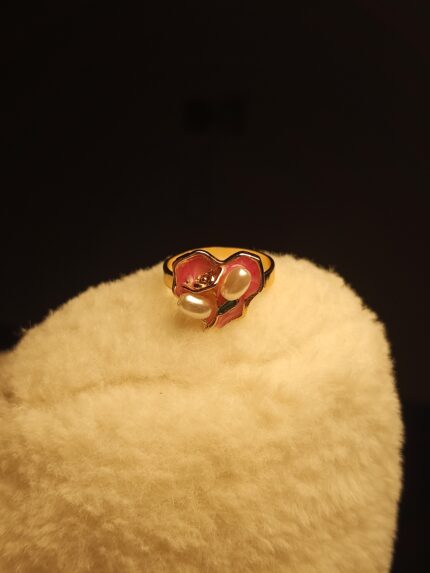 Romantic Gold & Pink Enamel Flower Ring | Freshwater Pearl Accent Jewelry