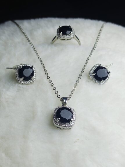 Dazzling Black Zirconia Cushion-Cut Jewelry Set – Ring, Necklace & Stud Earrings