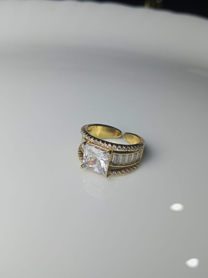 Gold Plated Adjustable Cocktail Ring – Princess Cut & Baguette CZ Statement Ring
