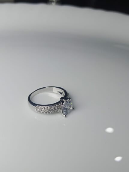 Classic Silver Solitaire Engagement Ring with Pave Band – Timeless Cubic Zirconia Promise Ring