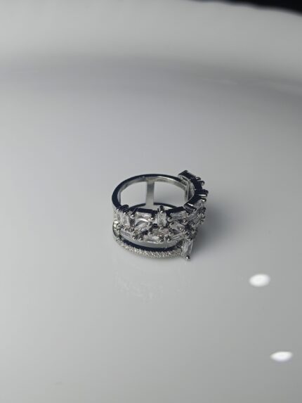 Multi-Row Baguette & Pave Statement Ring – Silver-Tone Wide Band CZ Jewelry