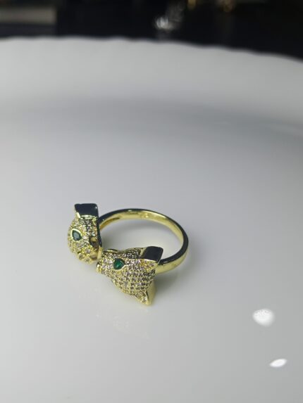 Pave-Set Gold Tone Double Panther Head Ring – Adjustable Animal Statement Jewelry