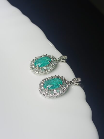 Mint Green Oval Gemstone Halo Pendant Earrings | Elegant Silver-Tone Drop