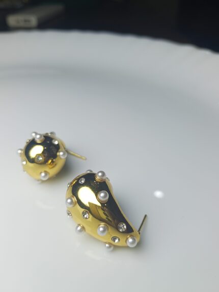 Lustrous Gold Dome & Pearl Drop Stud Earrings | Modern Statement Jewelry