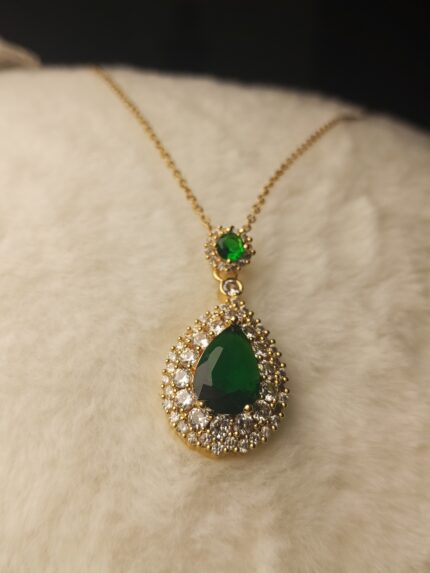Luxury Emerald Green Teardrop Halo Pendant Necklace | Gold-Plated Crystal Jewelry