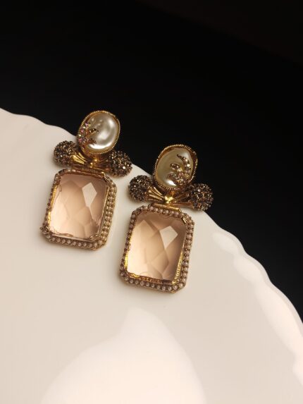 Luxurious Vintage Blush Pink Crystal Statement Drop Earrings | Antique Gold Tone