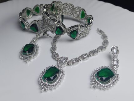 Regal Emerald Green & White Crystal Bridal Jewelry Set | Silver-Tone Plated