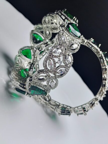 Regal Emerald Green & CZ Silver-Tone Bangle | Luxury Pakistani Bridal Kangan