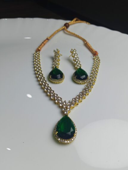 Classic Emerald Green Tear Drop Necklace & Earring Set | Gold Plated Party Wear
