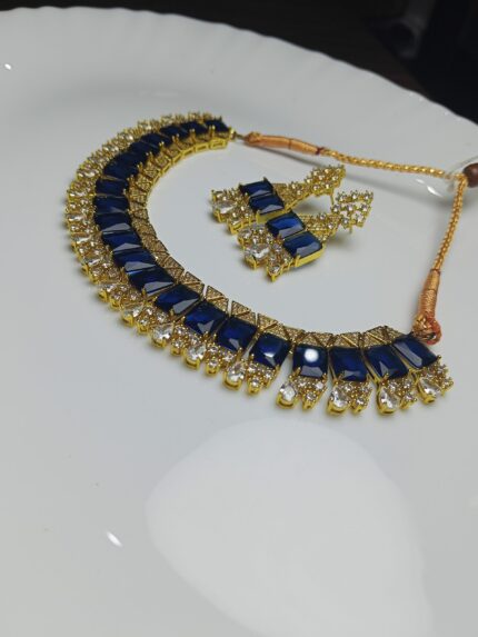 Regal Sapphire Blue & White Crystal Gold Plated Necklace Set | Bridal & Formal Wear