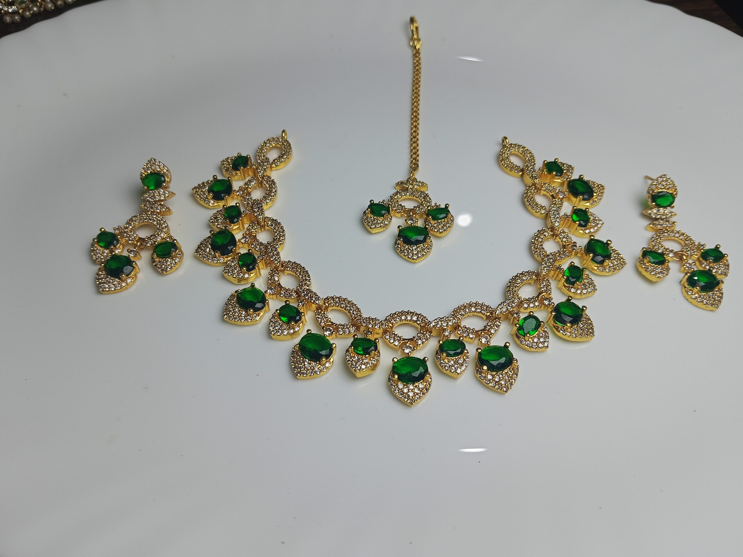 Complete Green Stone & Gold Plated Bridal Necklace Set | Wedding & Formal Jewelry with Maang Tikka