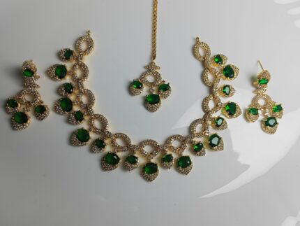 Complete Green Stone & Gold Plated Bridal Necklace Set | Wedding & Formal Jewelry with Maang Tikka