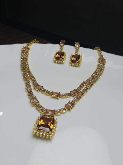 Luxurious Double-Layer Amber Crystal Necklace & Earring Set | Gold Plated Formal Wear