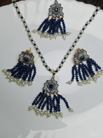 Traditional Navy Blue Beaded Tassel Necklace & Earring Set with Pearls | Festive Wear