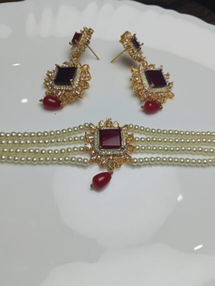 Regal Ruby Red/Maroon Crystal & Pearl Choker Set | Gold Tone Formal Jewelry