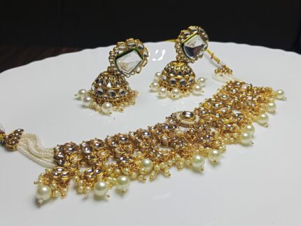 Traditional Uncut Polki Kundan Choker Necklace Set with Pearl Jhumkas | Gold Tone Bridal Jewelry