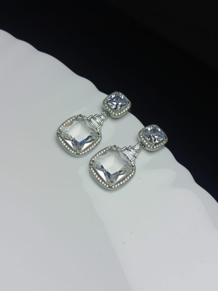 Brilliant Clear Square CZ Dangle Earrings | Diamond Simulant Statement Jewelry