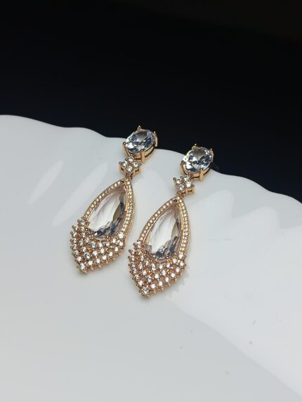 Elegant Rose Gold Plated Dangle Earrings | Pear-Cut Clear CZ Bridal Jewelry