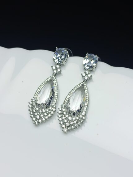 Brilliant CZ Pear Drop Dangle Earrings | Rhodium Plated Bridal Statement