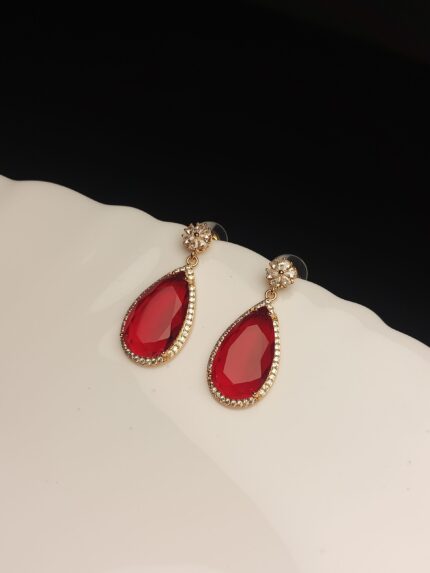 Glamorous Gold Plated Ruby Red Dangle Earrings | CZ Halo Evening Wear