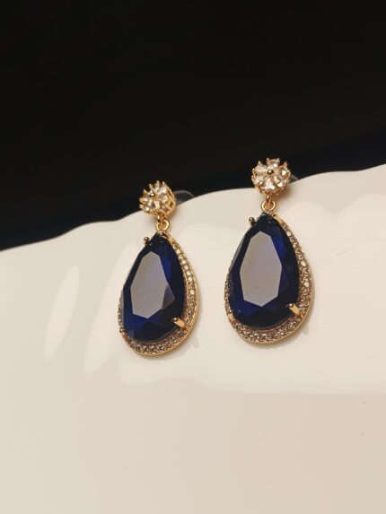 Regal Navy Blue Teardrop Dangle Earrings | Gold Plated Sapphire CZ Halo
