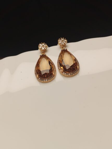 Elegant Cognac Crystal Teardrop Dangle Earrings | Gold Plated CZ Statement