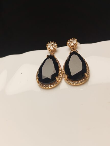 Chic Black Onyx Look Teardrop Dangle Earrings | Gold Plated CZ Evening Wear