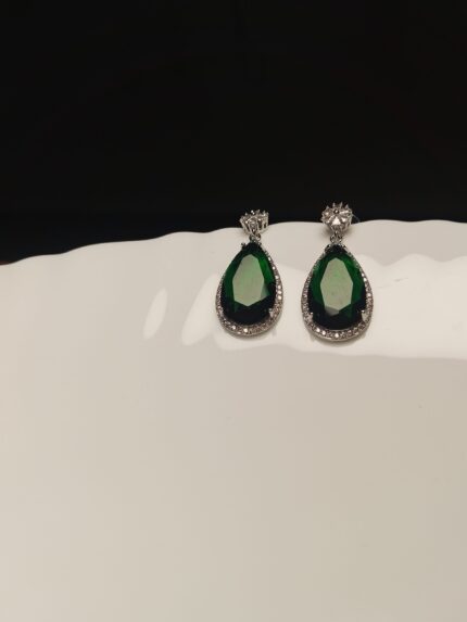 Opulent Emerald Green CZ Dangle Earrings | Rhodium Plated Statement Jewelry