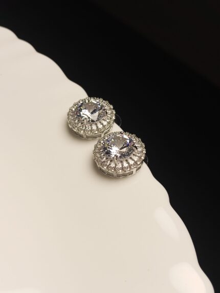 Silver Plated Crystal Stud Earrings with Round Zircon Halo