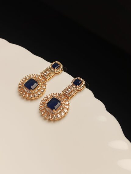 Royal Blue Stone Drop Earrings in Gold Tone with Zircon Sunburst