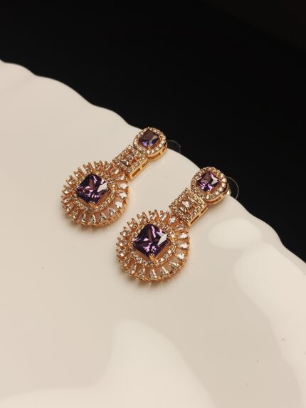 Purple Zircon Gold Plated Drop Earrings | Royal Statement Jewelry