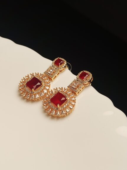 Ruby Red Zircon Gold Plated Drop Earrings | Wedding & Party Jewelry