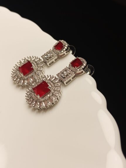 Red Zircon Silver Plated Drop Earrings | Formal Ruby Statement Jewelry