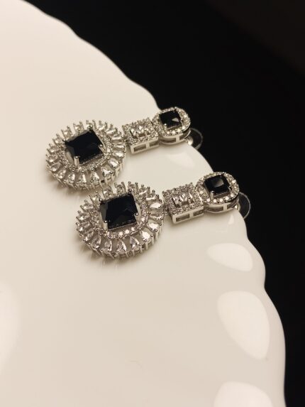 Black Zircon Silver Plated Drop Earrings | Formal Evening & Cocktail Jewelry