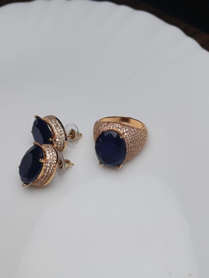 Deep Blue Zircon Rose Gold Plated Jewelry Set | Sapphire Stud Earrings & Ring