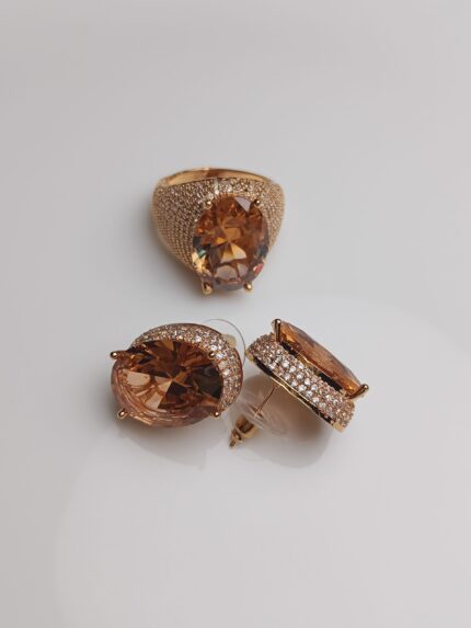 Oval Amber Zircon Gold Plated Jewelry Set | Statement Ring & Stud Earrings