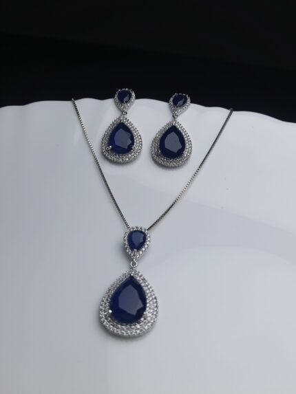 Deep Blue Zircon Necklace and Earring Set | Silver Plated Bridal Jewelry