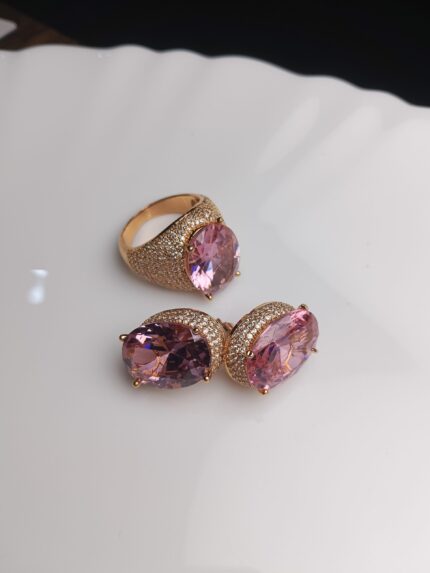 Oval Pink Zircon Rose Gold Plated Jewelry Set | Statement Ring & Stud Earrings