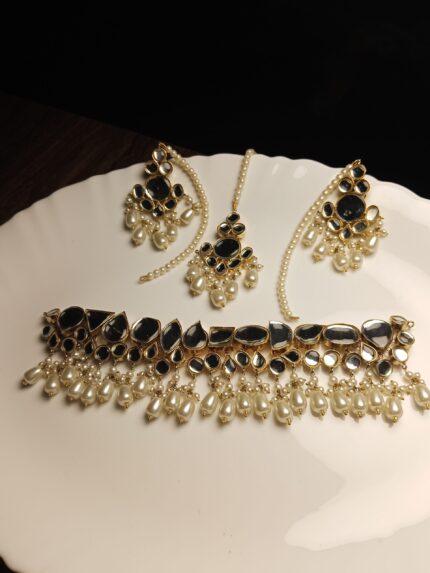 Black Polki Stone and Pearl Drop Choker Jewelry Set with Maang Tikka