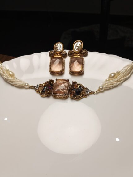 Gold & White Pearl Choker Set with Blush Pink Polki Style Stone