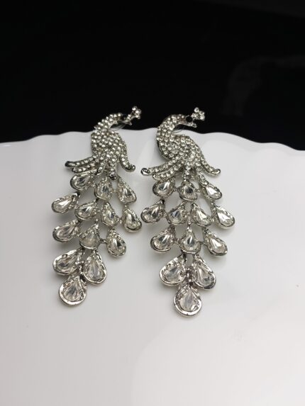 Dazzling Silver-Plated Crystal Peacock Statement Drop Earrings