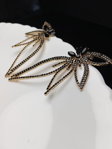 Chic Black Crystal and Gold-Plated Leaf Dangle Statement Earrings