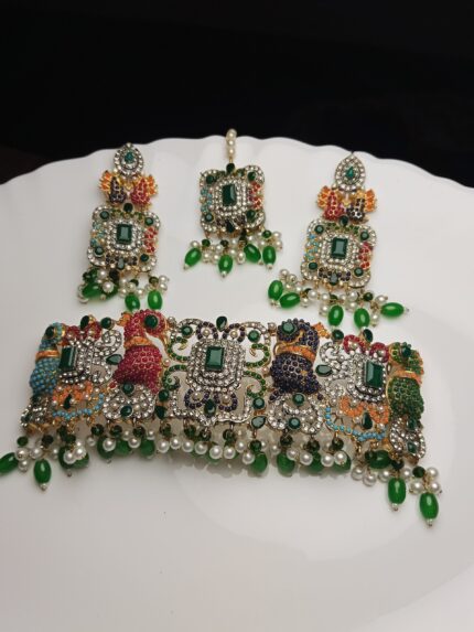 Bridal Multi-Color Meenakari Choker Set with Peacock Motifs and Green Drops