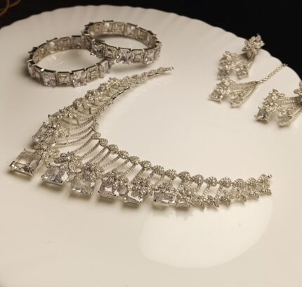 Modern Silver-Plated Cubic Zirconia (CZ) Waterfall Necklace Set with Bangles