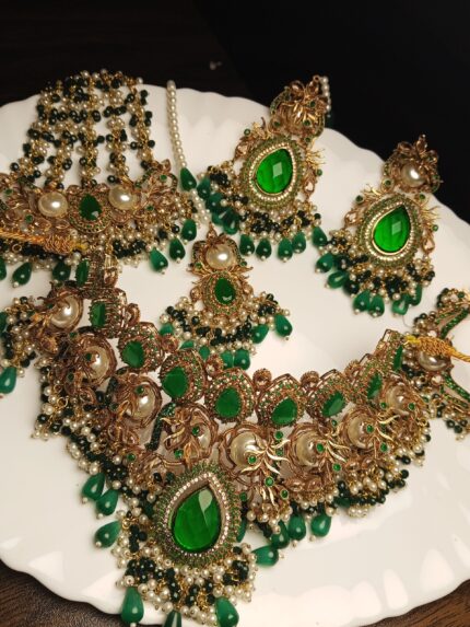 Opulent Emerald Stone and Polki Choker Bridal Jewelry Set with Sahara Earrings
