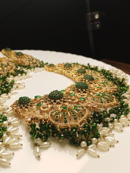 Heavy Bridal Green Meenakari and Filigree Gold Necklace Set with Jhumka and Maang Tikka
