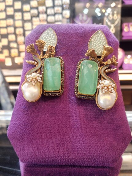 Mint Green Stone & Baroque Pearl Dangle Earrings – Floral Motif Bridal Statement Jewelry