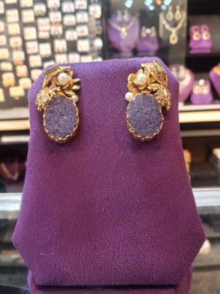 Purple Druzy Stone Stud Earrings – Gold Tone Floral & Pearl Accented Jewelry